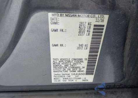 2017 Nissan Altima 2.5 S z USA, uszkodzony, nr VIN 1N4AL3APXHC164400